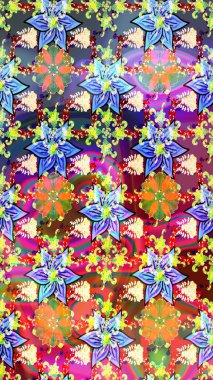 Patlayan çiçekler soyut olarak yerleştirilmiş. Raster deseni. Raster illüstrasyonu. Nazikçe, bahar çiçekleri tarafsız ve mavi renklerde.