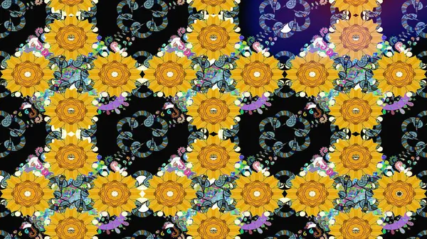 Renkli Bahar Teması eskiz kalıbı. Güzel çiçek deseni. Sarı renkli çiçekler. Düz Çiçek Elementleri Tasarımı.