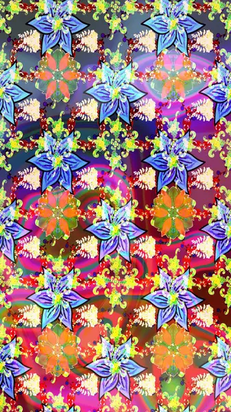 Patlayan çiçekler soyut olarak yerleştirilmiş. Raster deseni. Raster illüstrasyonu. Nazikçe, bahar çiçekleri tarafsız ve mavi renklerde.