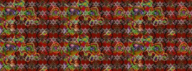 Kahverengi, kırmızı ve nötr renklerde çiçekler. Kumaş desenli papatya çiçekleri ayrıntıları.