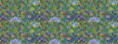 Yaprak ve çiçeklerin suluboya resimleri, yeşil ve mavi renklerde pürüzsüz desenler. Raster illüstrasyonu. Yeşil ve mavi renklerde bahar çiçekleri..