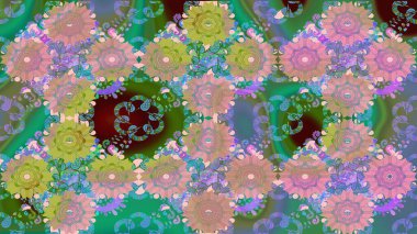 Renkli Bahar Teması eskiz kalıbı. Yeşil renkli çiçekler. Sevimli çiçek raster deseni. Düz Çiçek Elementleri Tasarımı.