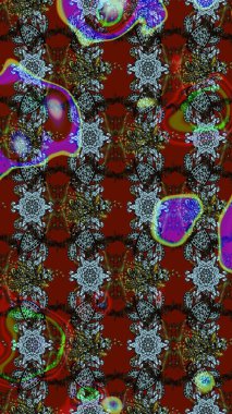 Parlak renkli çiçekleri ve kırmızı, kahverengi ve gri renkte yaprakları olan harika bir çiçek deseni. Moda baskıları için zarif bir şablon. Modern çiçek arkaplanı. Halk stili.