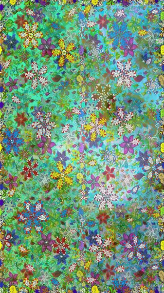 Yeşil ve mavi renkte çiçekler. Raster illüstrasyonunda kusursuz çiçek deseni.