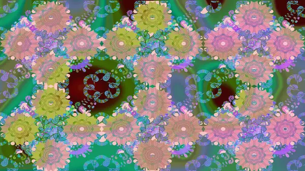 Renkli Bahar Teması eskiz kalıbı. Yeşil renkli çiçekler. Sevimli çiçek raster deseni. Düz Çiçek Elementleri Tasarımı.