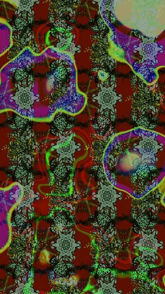 Eskiz geçmişi. Eski usul. Renkli desenli eskiz deseni, yeşil, kırmızı ve gri çiçekler ve dekoratif elementler. Raster illüstrasyonu. Kumaş, tekstil ve duvar kağıdı baskısı için..