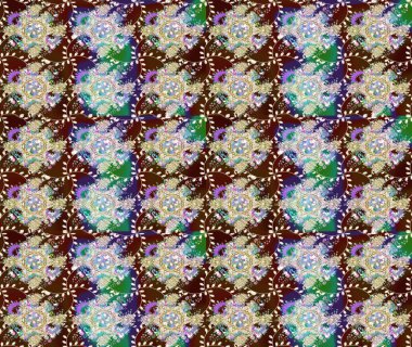 Eski usul. Kumaş, tekstil, duvar kağıdı baskısı için. Renkli desenli eskiz deseni, kahverengi çiçekler ve dekoratif elementlerle. Eskiz geçmişi. Raster illüstrasyonu.