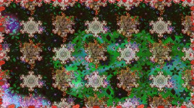 Patlayan çiçekler soyut olarak yerleştirilmiş. Raster deseni. Raster illüstrasyonu. Gri ve yeşil renklerde bahar çiçekleri.