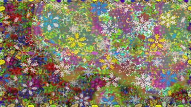 Modern çiçek arkaplanı. Moda baskıları için zarif bir şablon. Parlak renkli çiçekleri ve yeşil ve nötr renklerde yaprakları olan şaşırtıcı, pürüzsüz çiçek deseni. Halk stili.