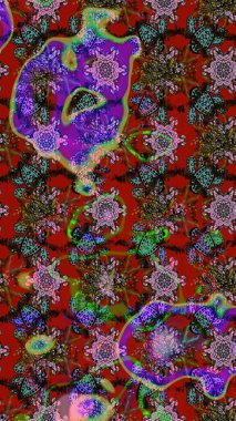 Raster illüstrasyonundaki çiçek desenli çizim. Çiçekler kırmızı, kahverengi ve yeşil renklerde.