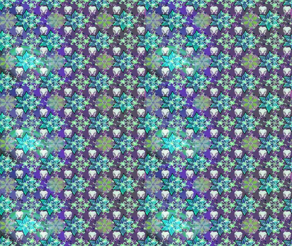 Çok renkli, zarif küçük çiçekler ve mor renkli komik böcekler, raster deseni, illüstrasyon..