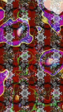 Çok renkli, kırmızı ve kahverengi zarif küçük çiçekler ve gri, kırmızı ve kahverengi renkli komik böcekler, raster deseni, illüstrasyon.