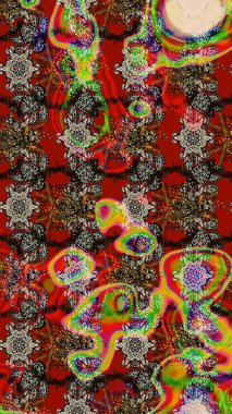 Raster illüstrasyonu. Raster illüstrasyonundaki çiçek desenli çizim. Kırmızı, kahverengi ve gri renklerde. Güzel kumaş deseni.