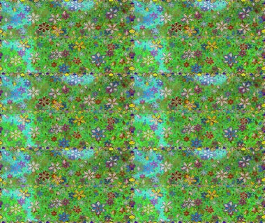 Çok yeşil ve mavi zarif küçük çiçekler ve yeşil ve mavi renkli komik böcekler, raster desen, illüstrasyon.