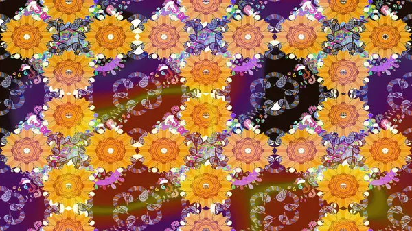 Güzel kumaş deseni. Renkli Yaz Temalı eskiz kalıbı. Raster Illustrasyon 'daki Çiçek Deseni' nin son moda çizimi. Düz Çiçek Elementleri Tasarımı.