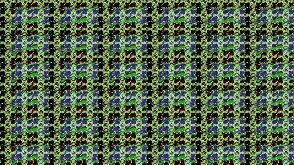 Raster. Yeşil, siyah ve mor renkli güzel çiçekli eskiz deseni, suluboya çiçek deseni, duvar kağıdı, kart veya kumaş için fayanslı.