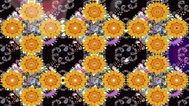 Sarı renkli Asya tekstili. Çiçek desenli çizim. Raster illüstrasyonu.