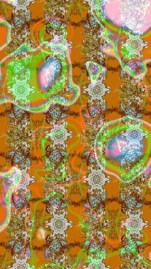 Kahverengi, turuncu ve yeşil renkte etnik çiçeklerle süslenmiş zarif bir eskiz deseni. Raster Çiçek İllüstrasyonu güzel tekstil..