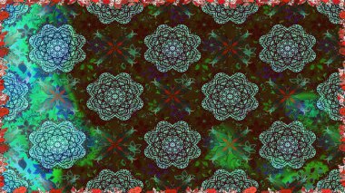 Kahverengi ve yeşil renklerde manzaralı çiçek deseni. Üst manzara, yumuşak stil. Sevgililer günü ve tebrik kartı konsepti için şık bir davetiye. Çiçek kompozisyonu, el boyası, hassas şablon..