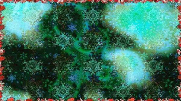 Raster - stok. Kusursuz bir arka plan modeli. Yapraklı çiçekler ve mavi ve yeşil renkli papatya çiçekleri..