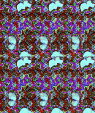 Mavi, kırmızı ve yeşil renkli bitkilerden oluşan parlak bir halı deseni..