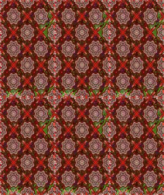 Çiçeksel elementlerle süslenmiş zarif raster dokusu. Kahverengi ve kırmızı renklerde parlak çiçekli, soyut, pürüzsüz desen. Küçük çiçekte şirin bir çiçek deseni var..