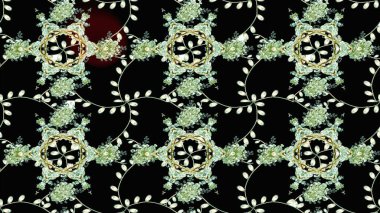 Siyah, nötr ve yeşil renklerde Asya tekstili. Çiçek desenli çizim. Raster illüstrasyonu.