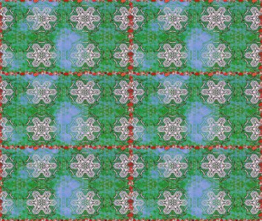 Raster illüstrasyonu. Küçük çiçekli kusursuz yay deseni. Suluboya tarzında yeşil renkler üzerine.