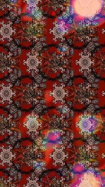 Yapraklı çiçekler ve kahverengi, kırmızı ve siyah renkte papatya çiçekleri. Eskiz arkaplan modeli. Raster - stok.