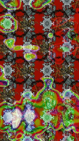 Raster illüstrasyonu. Çiçek desenli çizim. Asya tekstil kırmızı, kahverengi ve yeşil renkler.