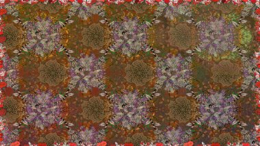 Yaprak ve çiçeklerin suluboya resimleri, kahverengi ve bej renklerde pürüzsüz desenler. Kahverengi ve bej renklerde bahar çiçekleri. Raster illüstrasyonu.