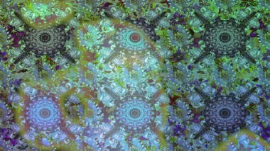 Asya tekstil tarzında. Yeşil ve mavi renkte çiçekler. Kusursuz çiçek deseni. Raster illüstrasyonu. Raster illüstrasyonu.