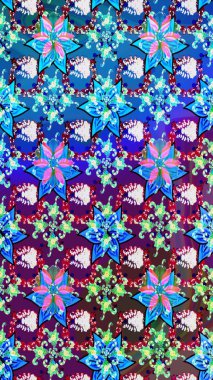 Hediye ambalaj kağıdı, tebrik kartları, posterler ve pankart tasarımı. Raster düz çiçek çizim deseni. Mavi ve mor renkte çiçekler.