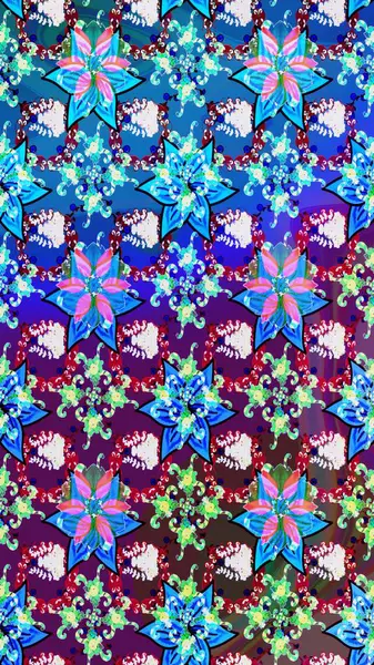 Hediye ambalaj kağıdı, tebrik kartları, posterler ve pankart tasarımı. Raster düz çiçek çizim deseni. Mavi ve mor renkte çiçekler.