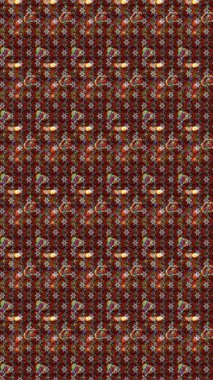 Kahverengi, kırmızı ve siyah renkli şirin çiçek desenleri. Renkli Bahar Teması eskiz kalıbı. Raster Modaya uygun kumaş deseni. Düz Çiçek Elementleri Tasarımı.