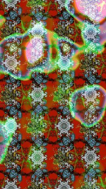 Kahverengi, yeşil ve nötr renklerde parlak çiçekli halı deseni.