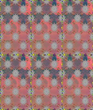 Raster Floral Illustration, Asyalı tekstil. Pembe ve gri renkte etnik çiçeklerle kusursuz bir desen..