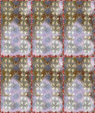 Raster illüstrasyonu. Kusursuz bir geçmişi var. Eski usul. Kumaş, tekstil, duvar kağıdı baskısı için. Renkli desenli kusursuz desen, nötr ve gri çiçekler ve dekoratif elementler..