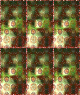 Kahverengi ve yeşil renkli Asya tekstili. Raster illüstrasyonu. Kusursuz çiçek deseni.