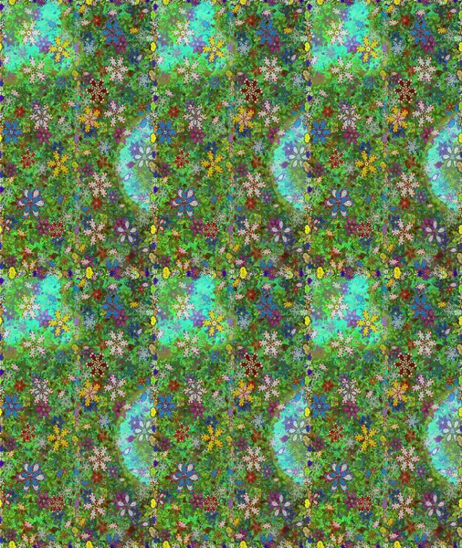 Düz Çiçek Elementleri Tasarımı. Yeşil ve mavi renkte çiçekler. Çiçekle kusursuz desen. Renkli Bahar Teması Kusursuz Arkaplan.