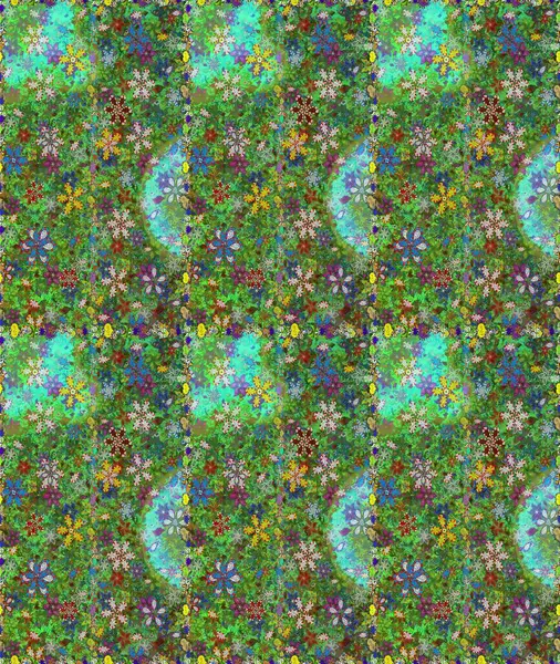 Düz Çiçek Elementleri Tasarımı. Yeşil ve mavi renkte çiçekler. Çiçekle kusursuz desen. Renkli Bahar Teması Kusursuz Arkaplan.