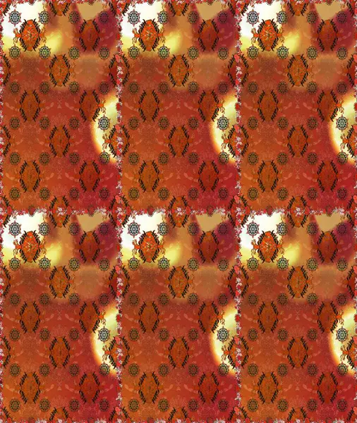 Raster Çiçek İllüstrasyonu güzel tekstil. Kahverengi ve turuncu renklerdeki etnik çiçeklerin pürüzsüz deseni.