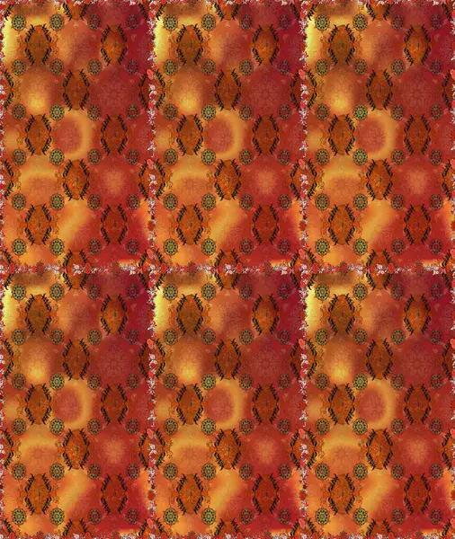 Çok turuncu ve kahverengi zarif küçük çiçekler ve turuncu ve kahverengi renkli komik böcekler, raster desen, illüstrasyon.