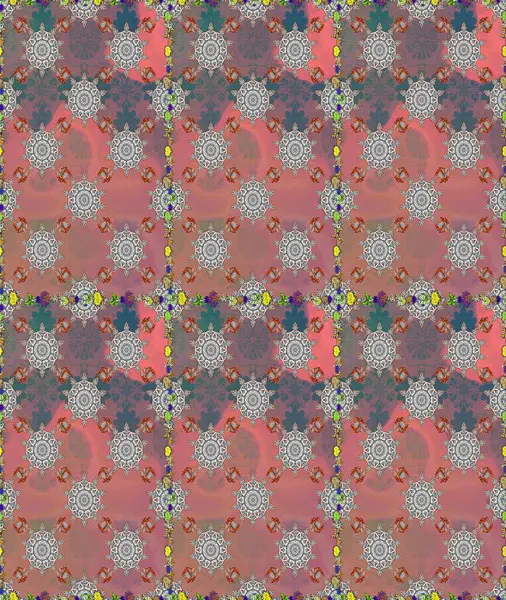 Raster Floral Illustration, Asyalı tekstil. Pembe ve gri renkte etnik çiçeklerle kusursuz bir desen..