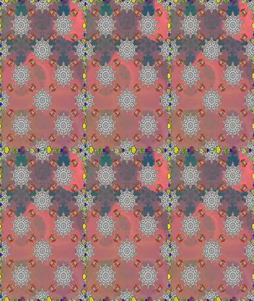 Raster Floral Illustration, Asyalı tekstil. Pembe ve gri renkte etnik çiçeklerle kusursuz bir desen..