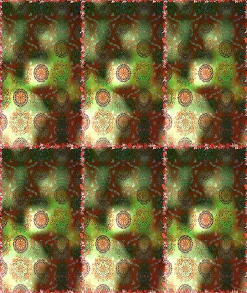 Kahverengi ve yeşil renkli Asya tekstili. Raster illüstrasyonu. Kusursuz çiçek deseni.