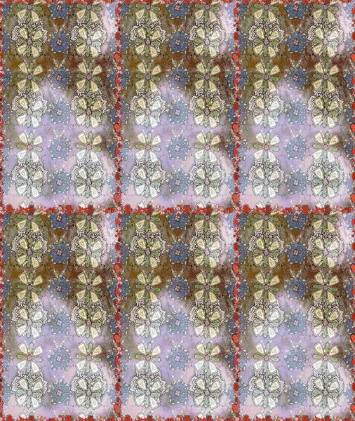 Raster illüstrasyonu. Kusursuz bir geçmişi var. Eski usul. Kumaş, tekstil, duvar kağıdı baskısı için. Renkli desenli kusursuz desen, nötr ve gri çiçekler ve dekoratif elementler..