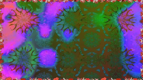 Yeşil ve mor renklerde. Küçük çiçekteki sevimli çiçek deseni. Raster illüstrasyonu. Soyut çiçek desensiz arkaplan. Raster deseni.