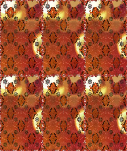 Raster Çiçek İllüstrasyonu güzel tekstil. Kahverengi ve turuncu renklerdeki etnik çiçeklerin pürüzsüz deseni.