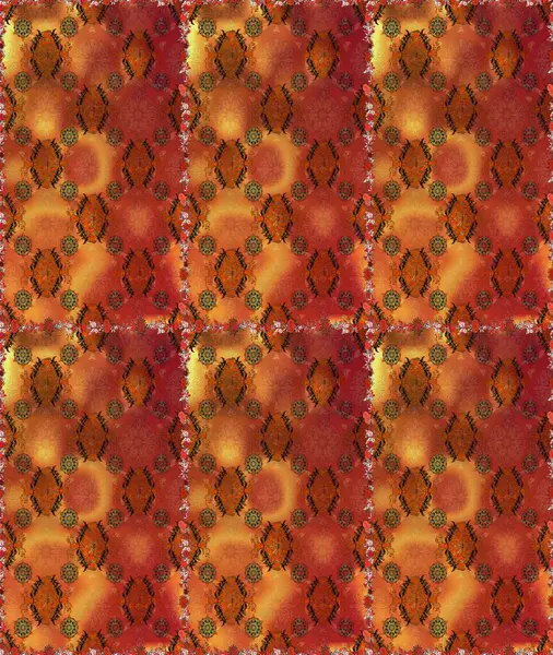 Çok turuncu ve kahverengi zarif küçük çiçekler ve turuncu ve kahverengi renkli komik böcekler, raster desen, illüstrasyon.